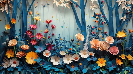 Enchanting Origami Paper Cut Forest Filled with Vibrant Wildflowers and Whimsical Wildlife