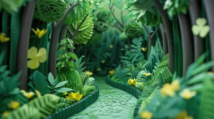 Fototapeta premium Enchanting Paper Origami Path Leading Through a Lush Summer Forest Inviting and Adventure