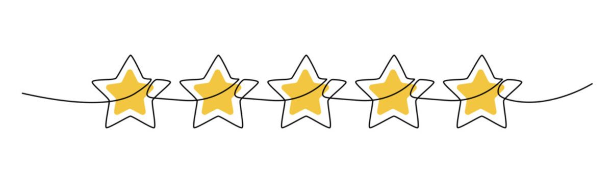 One continuous line drawing of five stars Isolated on transparent background. Golden 5 stars rating, excellent (high quality) service. Customer feedback. Editable stroke. Vector illustration 