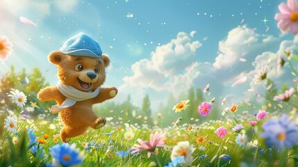 Joyful Teddy Bear Leaping Through Blooming Meadow Under Whimsical Sky