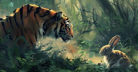 tiger facing a rabbit in the forest wallpaper - obrazy, fototapety, plakaty