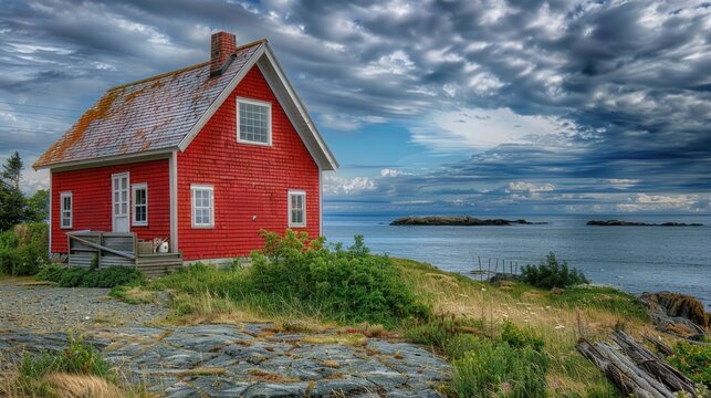 red wooden house on the beach.AI generated image