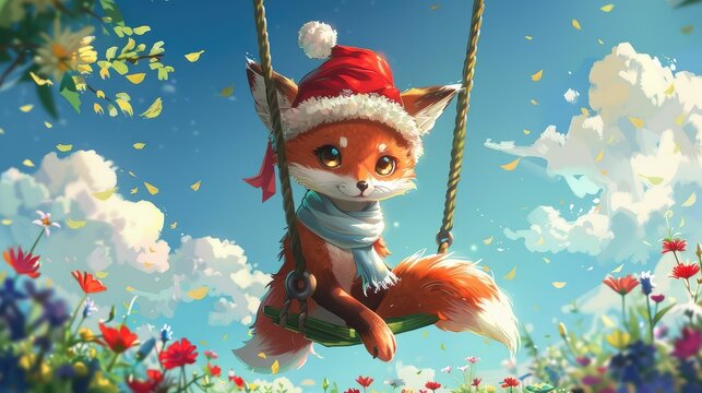 Charming Cartoon Fox Sitting on a Swing in a Vibrant Nature Scene with Colorful Flowers and Dreamy Sky