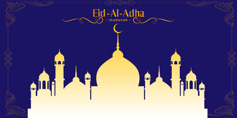 Islamic holiday banner, suitable for Ramadan, Raya Hari, Eid al Adha and Mawlid. Beautiful  and crescent moon decor on serene evening Awesome background.modern Islamic holiday banner Eid mubarak