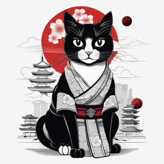 Black cat sitting on the background of a Japanese temple. Vector illustration.