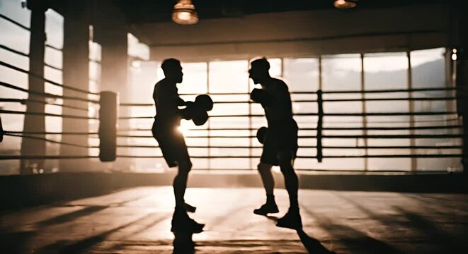 Boxing fighters training in a ring.