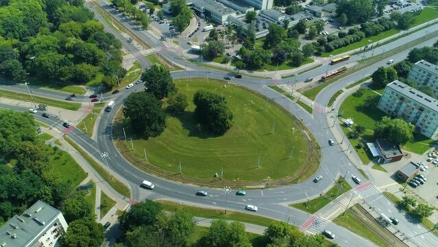 Aerial view of the large rondo Lotnikow in Lodz