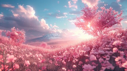 Picturesque bright spring landscape with single japanese pink sakura cherry tree in full blossom. My own digital art painting illustration for spring season  - obrazy, fototapety, plakaty