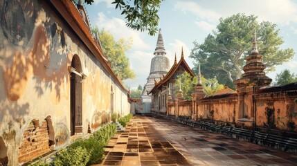 The famous tourist attraction has an old wall with an old Buddhist Church.AI generated image