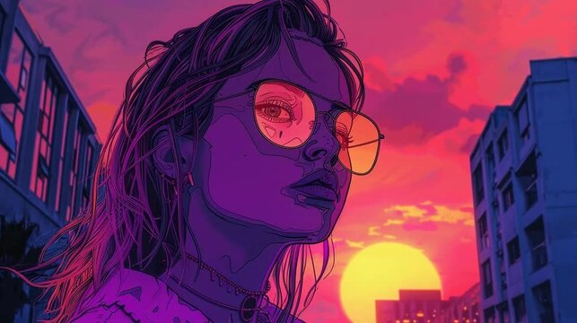synthwave manga anime girl in a big city, sunset, lofi vibes, animation 3d