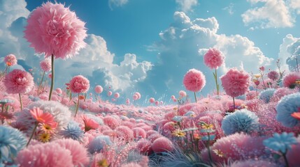 Picturesque bright spring landscape with single japanese pink sakura cherry tree in full blossom. My own digital art painting illustration for spring season  - obrazy, fototapety, plakaty
