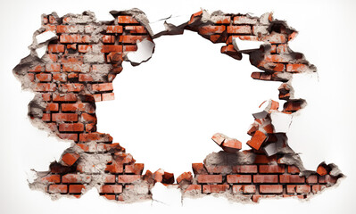 Hole breaking through a red brick wall, cut out