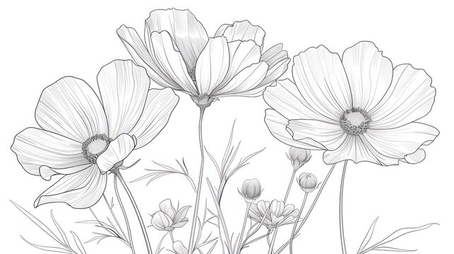 Black and white summer flowers sketch outline frame copy space poppy flowers