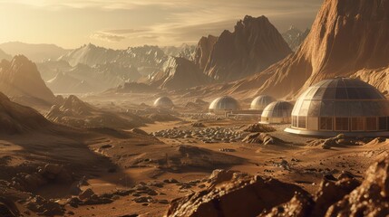 Mars colonization Mars landscape domes on the red planet - obrazy, fototapety, plakaty