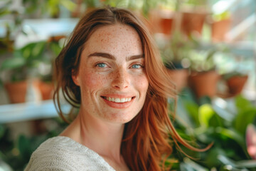 Portrait of smiling red-haired woman with plants indoors and caring for home greenery