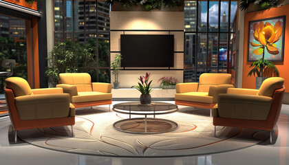 Talk Show Lounge: A lounge-style set with comfortable seating, coffee tables, and a cozy atmosphere for talk shows