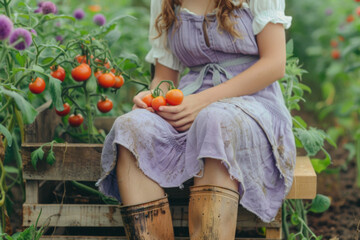 A red-haired woman harvests tomatoes in a greenhouse 