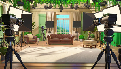 reality show house: a fully furnished house set with multiple rooms and cameras for reality tv shows