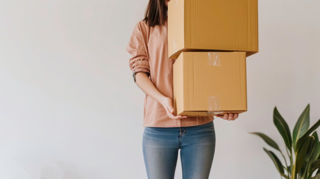 Woman holding paper boxes white wall background moving to new house