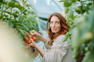 A red-haired woman harvests tomatoes in a greenhouse 