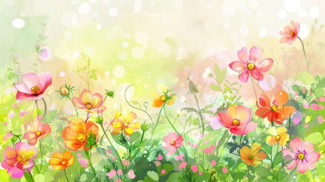 Colorful summer flowers frame outline water color copy space