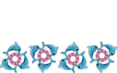 Naklejka premium Dolphin Frame with Rubber Ring isolated white background. Summer Ocean Animal Border concept. Cute Dolphins Frame. Aesthetic Vector illustration. Editable stroke. EPS 10