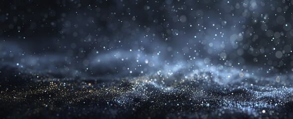 Dark Blue Background with Glowing Particles, Digital Art Style, Low Angle View, Ultra HD, Fantasy Realism, Airborne Dust Particles