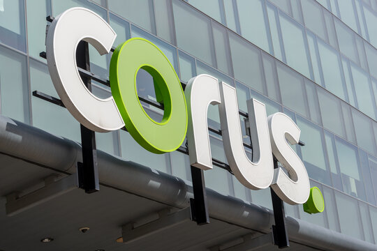 Corus sign at Quay Media Services located at 25 Dockside Drive in downtown Toronto, Canada