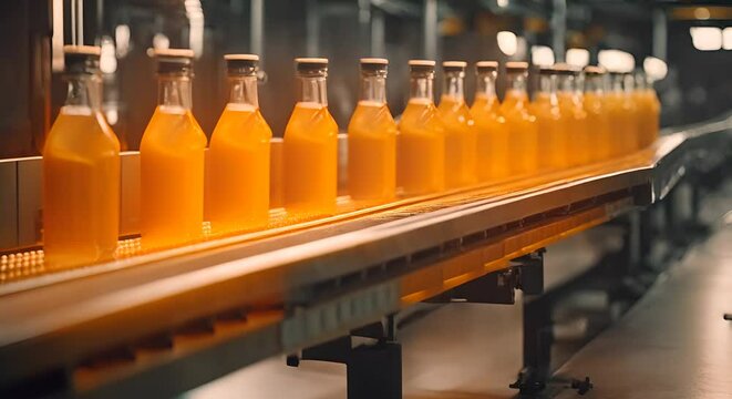 Juice bottles in a bottling plant.