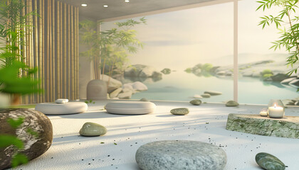 Wellness Retreat Talk Show Studio: A serene set designed like a spa retreat, with calming colors, natural elements like bamboo and stones, and a backdrop featuring tranquil nature scenes