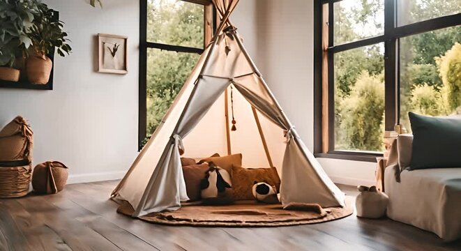 Children's teepee tent in a house.