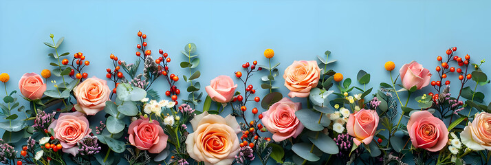 Fototapeta na wymiar Colorful spring flowers down border on blue background top view. High quality