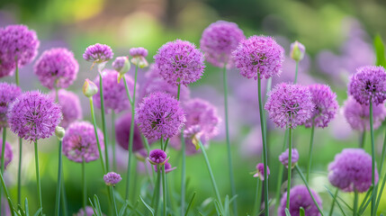 A field of purple alliums with green buds in the background. The flowers have round pinkish petals and long stems - obrazy, fototapety, plakaty
