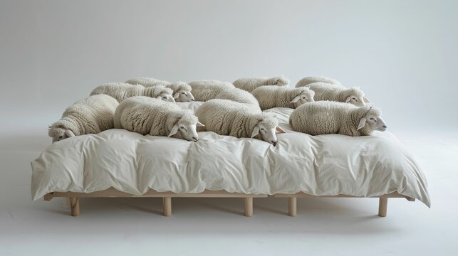 Several serene sheep lying comfortably on a large white bed against a neutral background.
