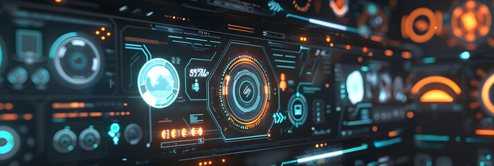 A futuristic digital interface is displayed with various software icons and tools representing the advanced technology of app development. The background is blurred - obrazy, fototapety, plakaty