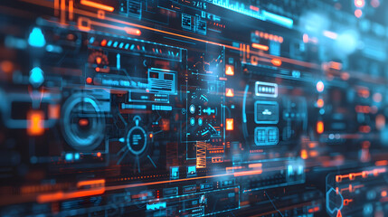 Fototapeta na wymiar A futuristic digital interface is displayed with various software icons and tools representing the advanced technology of app development. The background is blurred