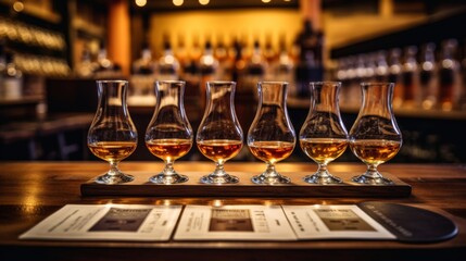 An inviting image of a whiskey tasting setup, with a flight of assorted whiskey glasses. An inviting image of a whiskey tasting setup, with a flight of assorted whiskey glasses and tasting notes.