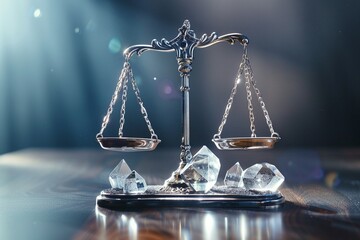 Quantum scales of justice, balancing data crystals representing truth and fairness in an AI governed society. - obrazy, fototapety, plakaty