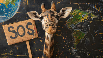 A giraffe with a cardboard sign with the word SOS written on it