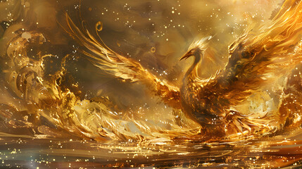 A golden phoenix with majestic wings - obrazy, fototapety, plakaty