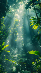 Obraz na płótnie Canvas Dense Jungle Under Sunbeams. Tropical Forest Vertical Background