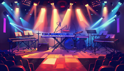 Music Variety Stage: A stage set with musical instruments, lighting effects, and audience seating for music variety shows
