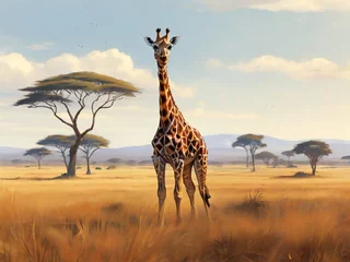 Foto op Plexiglas Illustration of Giraffes in the Wild, with a Wild Savannah View as a background. charming savanna landscape. Generative AI © Firly