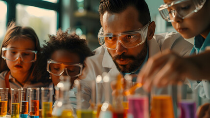 A male teacher wearing safety goggles is teaching children how to do science experiments in the laboratory