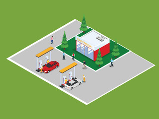 Gas station with shop where people refueling cars