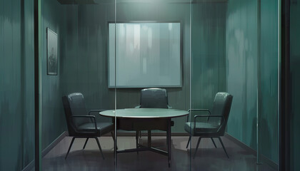 Mystery Thriller Interrogation Room: A police interrogation room set with one-way mirror, table, and chairs for mystery thriller series - obrazy, fototapety, plakaty