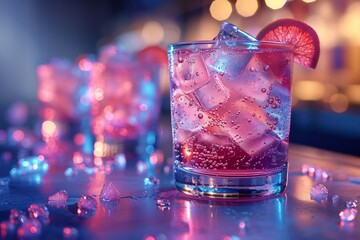 cocktail glass, pink glitter drink in the glass cherry, small octopus retro futuristic style, colors neon pink, blue, purple, neon blue, soft pink - obrazy, fototapety, plakaty
