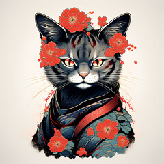 Beautiful black cat with red flowers on white background. illustration.