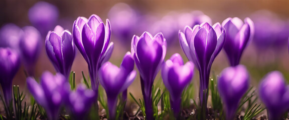 Purple crocus flowers in spring. - obrazy, fototapety, plakaty