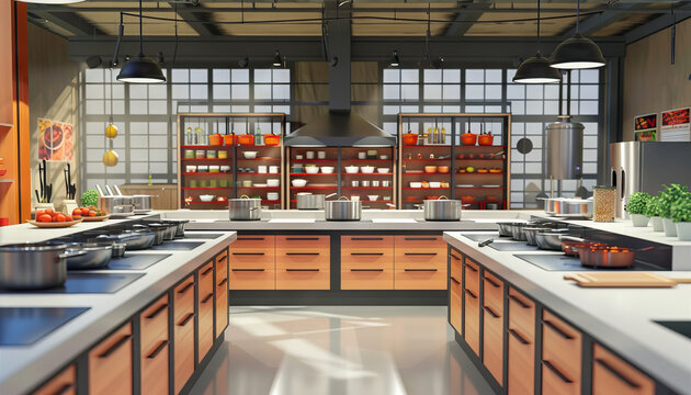 Cooking Competition Arena: A competitive cooking set with multiple cooking stations, pantry shelves, and judges' table for cooking competitions